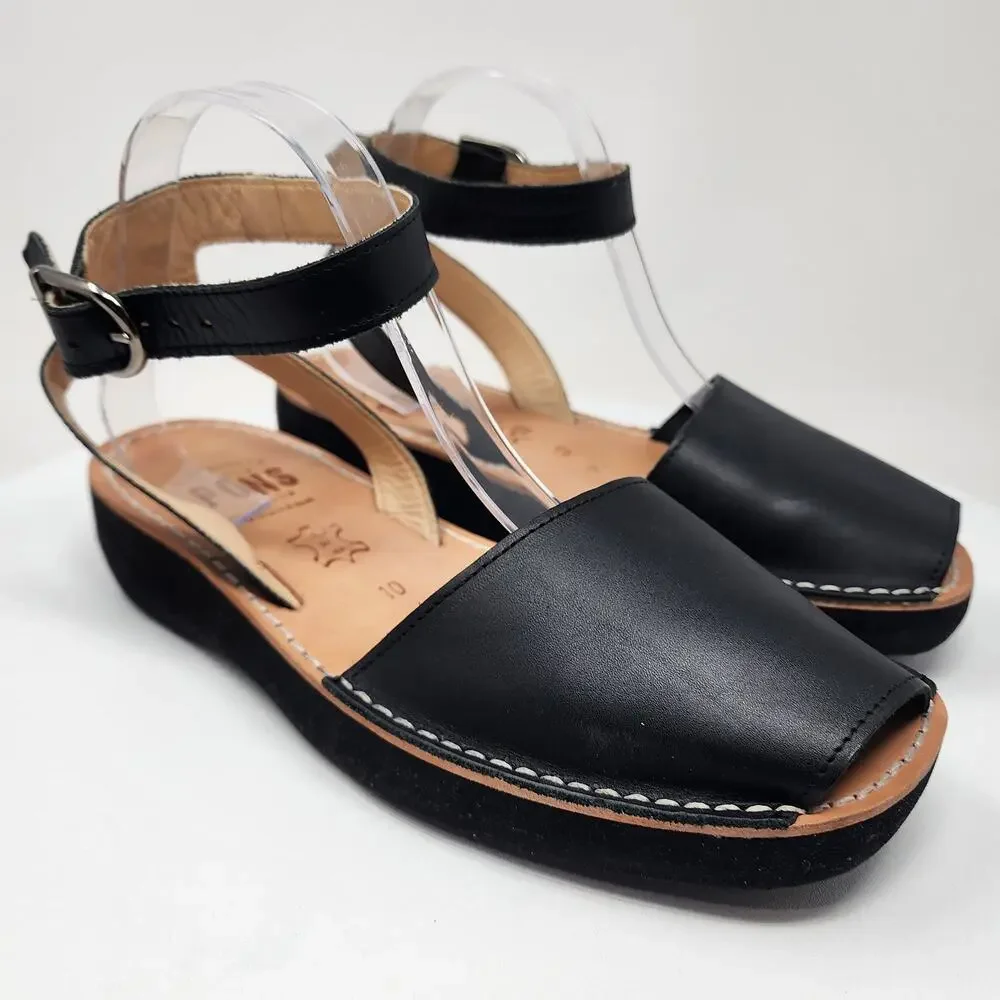 PONS Mediterranean Avarca Sandals Black Leather Adjustable Ankle Strap 524 - Picture 2 of 14